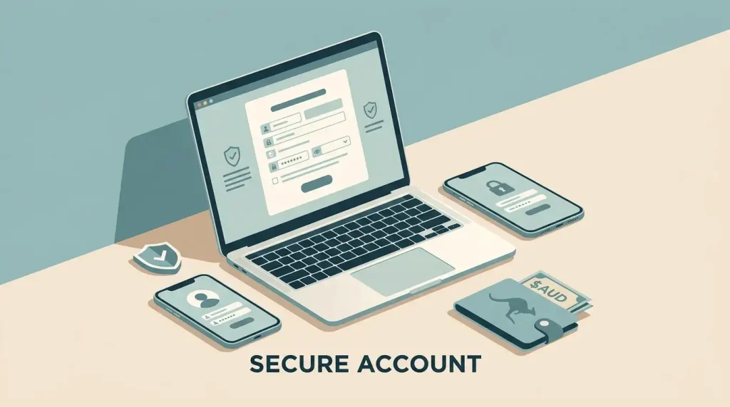 Editorial illustration of secure online account registration and login on desktop and mobile