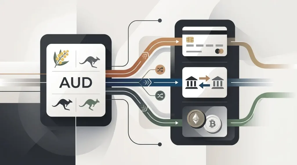 Editorial illustration of an AUD wallet connected to card and cryptocurrency deposit routes