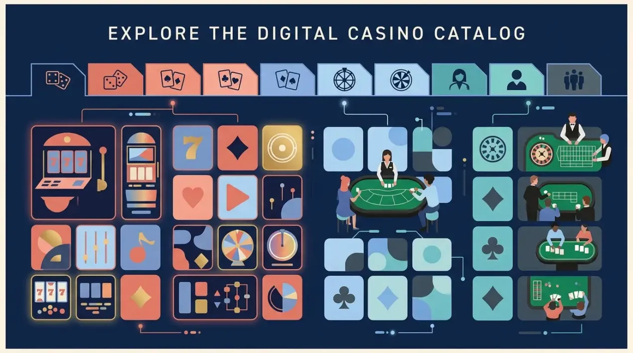 Editorial illustration of a varied online casino game library with pokies, live tables and provider categories