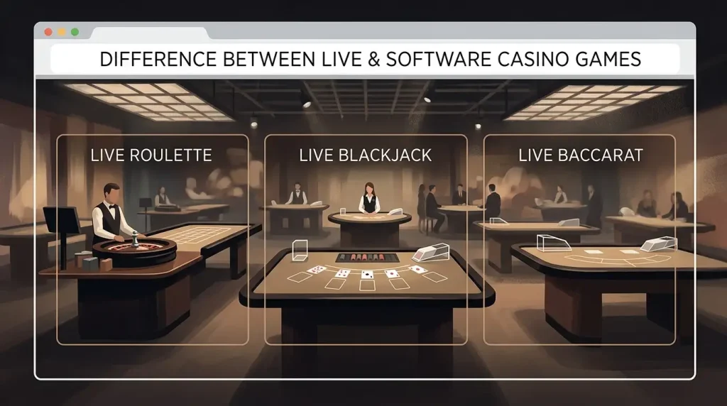 Editorial illustration of a live casino lobby with roulette, blackjack and baccarat tables