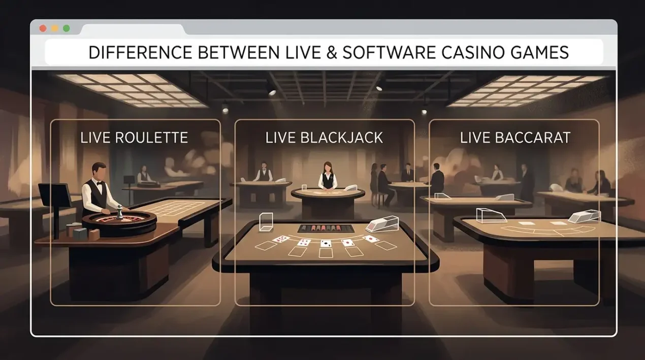 Editorial illustration of a live casino lobby with roulette, blackjack and baccarat tables