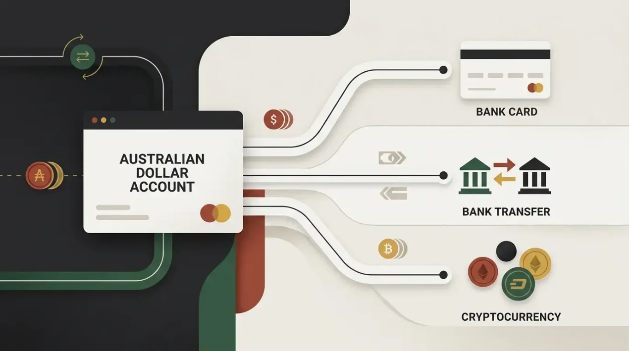 Editorial illustration of AUD account currency, payment rails and withdrawal routing