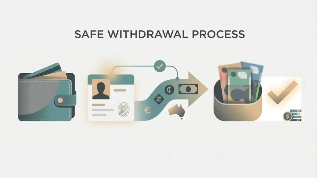 Editorial illustration of an AUD cash-out route with verification and payment checkpoints