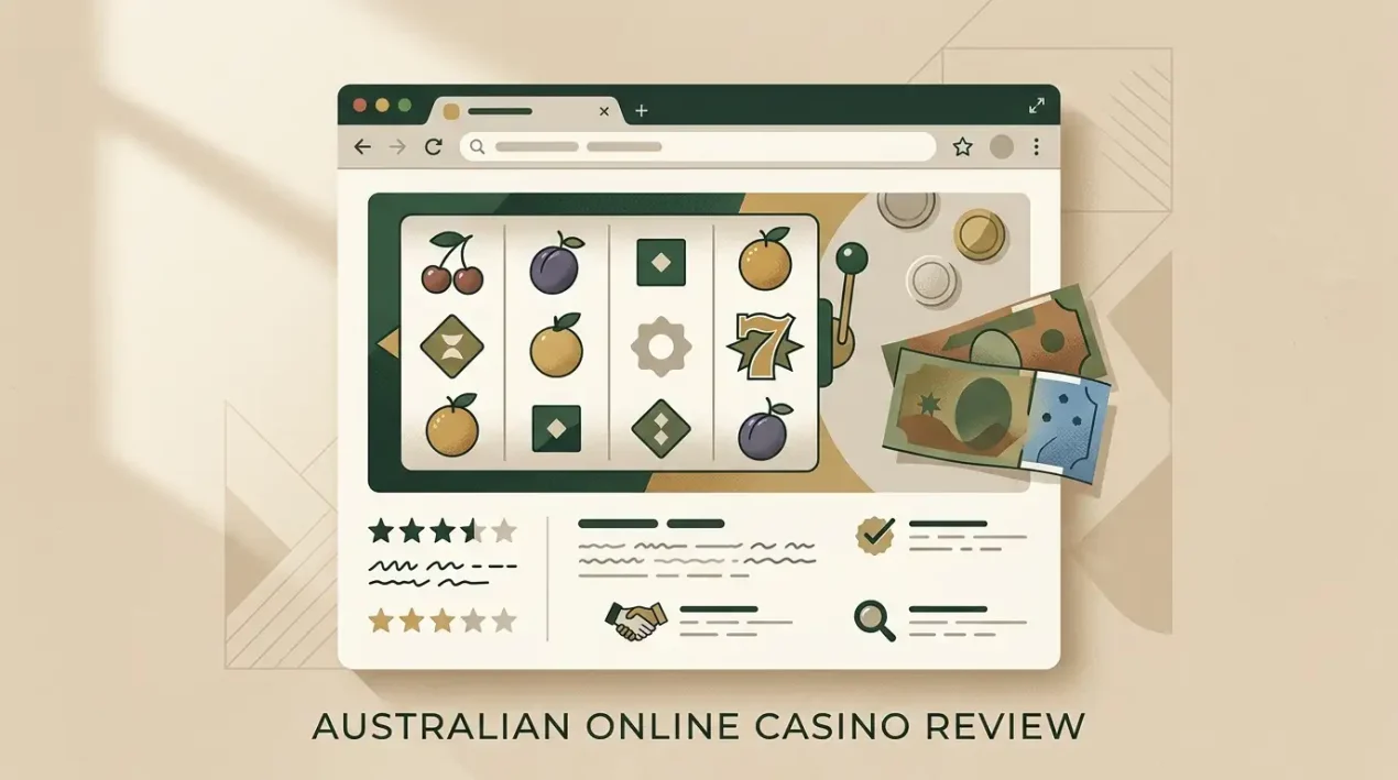 Editorial illustration of an Australian online casino review with browser, AUD and pokies motifs