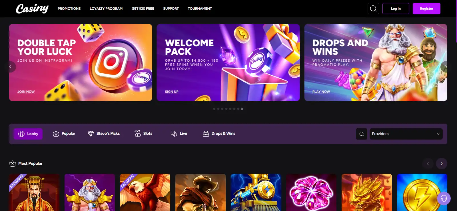 Screenshot of the current Casiny Australia homepage or game lobby