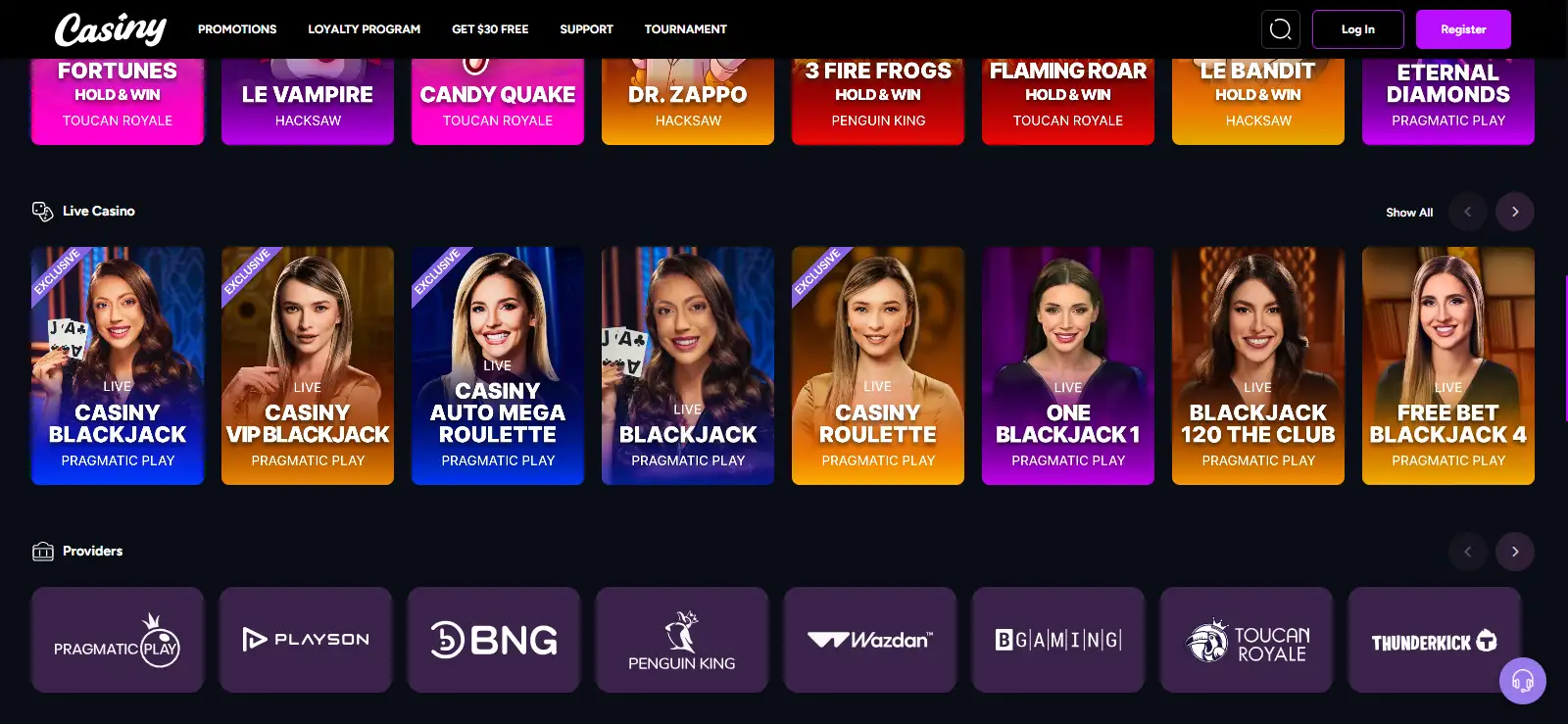 Screenshot of the current Casiny game and provider lobby