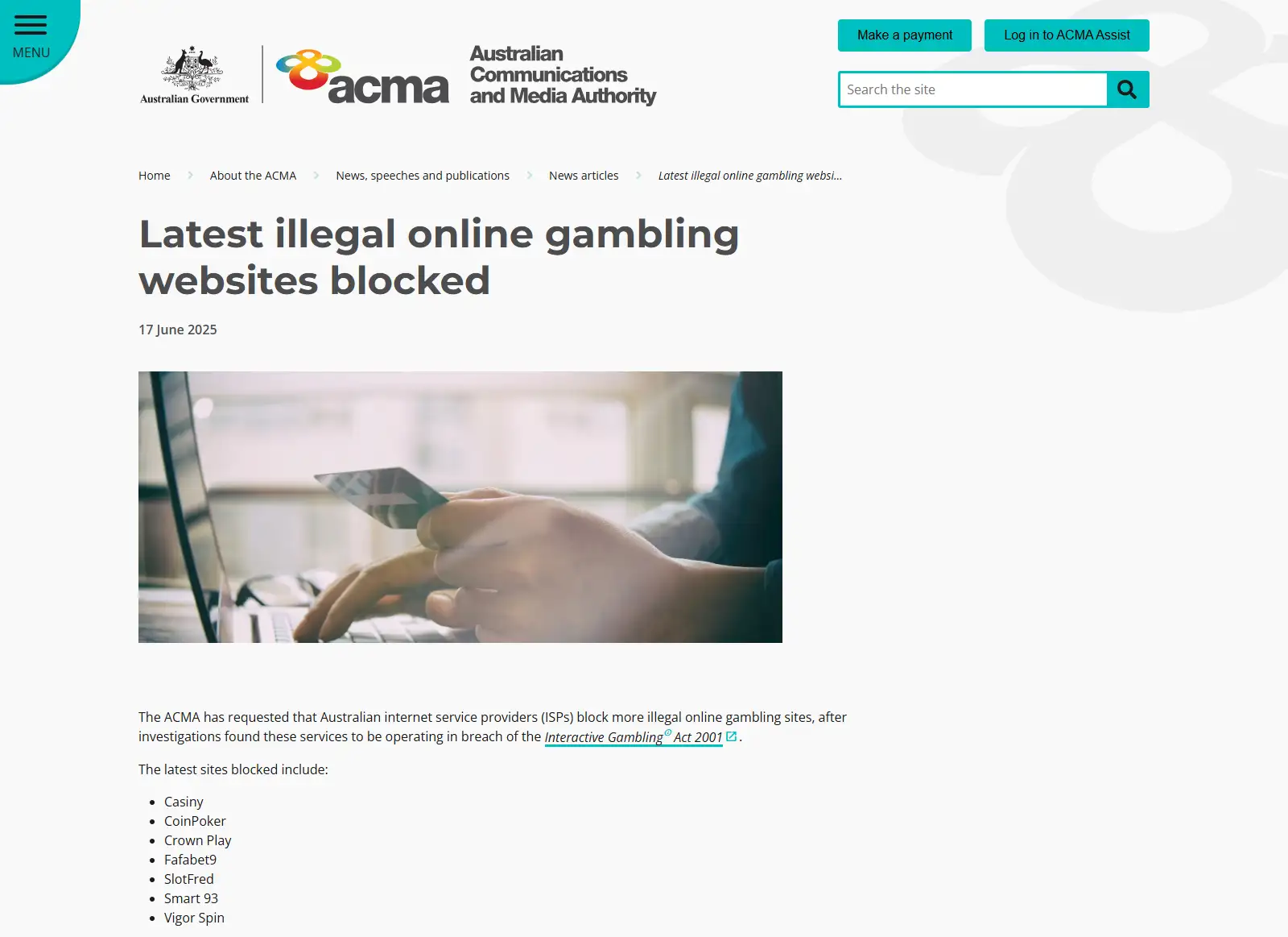 Screenshot of the ACMA page naming Casiny among blocked online gambling services